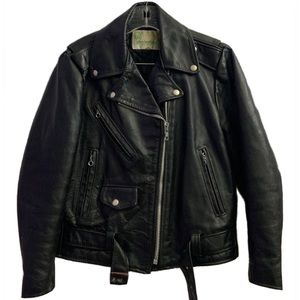 Vintage Black Leather Biker Jacket 1980s Gino Leathers Motorcycle Small